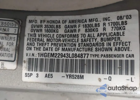 2003 Honda Civic Ex из США, поврежденный, VIN 1HGEM22943L084877